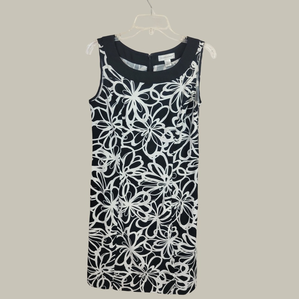 Christopher & Banks Sheath Dress Floral Sleeveless Mod Career Black White Sz 10